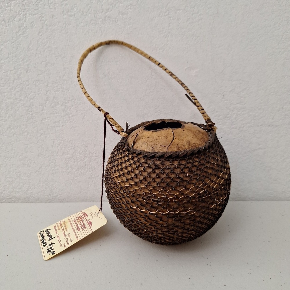 Vintage African Basket Gourd Wicker Container Vessel Primitive Rustic Decor
